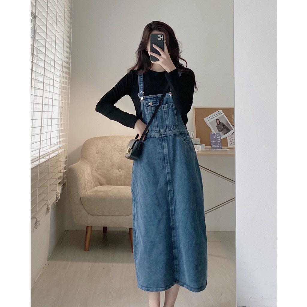 Yếm jeans dáng dài EMIX, váy yếm freesize dưới 55kg, chất bò, có túi, phong cách hàn quốc