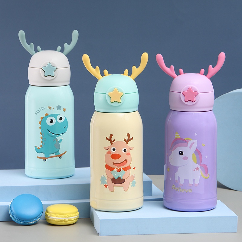 Bình Nước Giữ Nhiệt Inox Cao Cấp 500ml Hình Hươu Cute Cho Bé Có Ống Hút,Bao Đựng và Dây Đeo