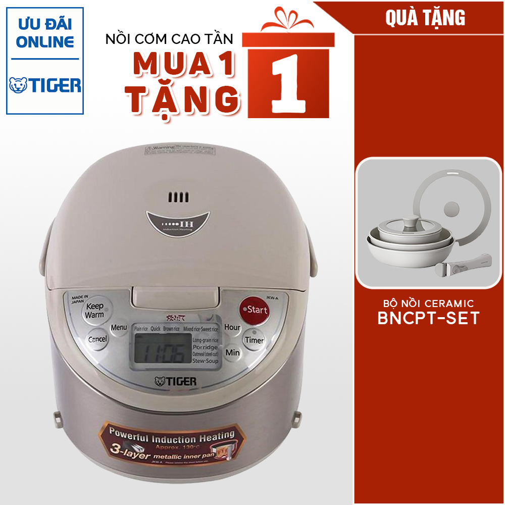 Nồi cơm điện tử cao tần Tiger 2 trong 1 JKW-A10W (1.0L) Tặng Bộ nồi nhà bếp PoongNyun BNCPT-SET - Hàng Chính Hãng