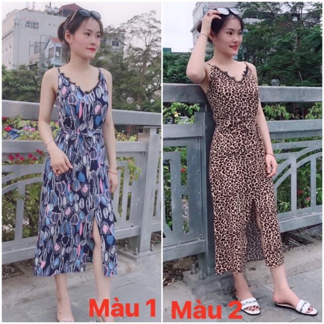 Đầm maxi 2 dây cổ V viền ren hoạ tiết