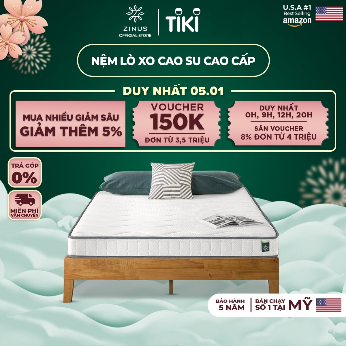 Nệm Lò Xo Cao Su Liên Kết Zinus 18cm Bonnel Mattress