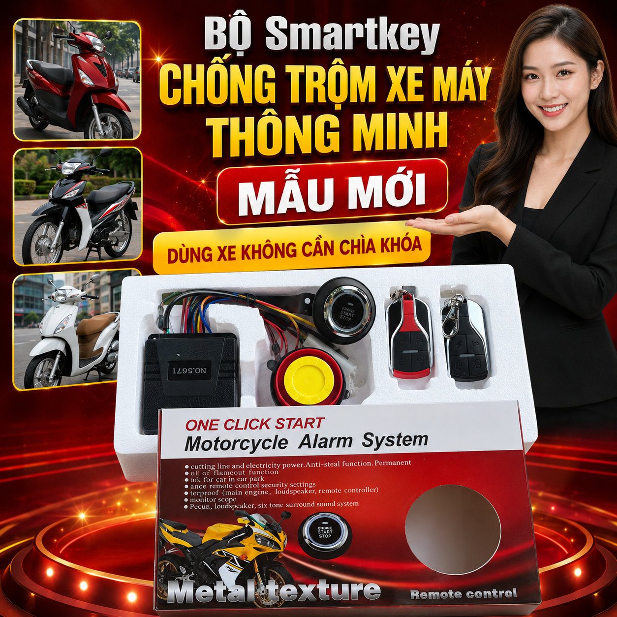 Bộ Smartkey Chống Trộm Xe Máy Thông Minh Mẫu Mới – Khởi Động Không Cần Chìa Khóa, Báo Động Cực Nhạy