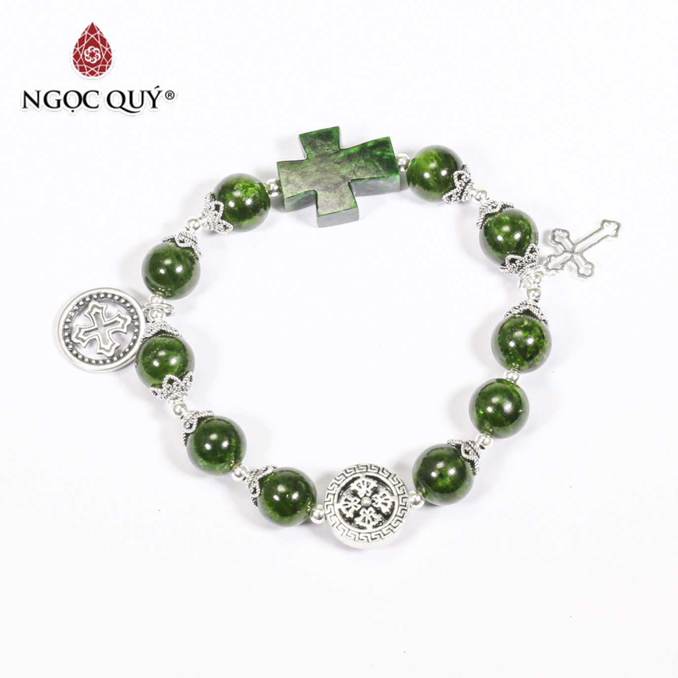 Vòng tay mân côi đá diopside phối thánh giá cẩm thạch sơn thủy charm bạc mệnh hỏa, mộc - Ngọc Quý Gemstones