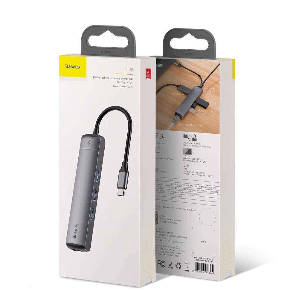 Hub sạc nhanh 87W chia cổng đa năng 6 in 1 Type-C dành cho Macbook Pro / Smartphone hiệu Baseus Mechanical Eye thành cổng Type-C PD 3.0, 3 cổng USB 3.0, jack mạng LAN, cổng HDMI chuẩn 4k - Hàng nhập khẩu