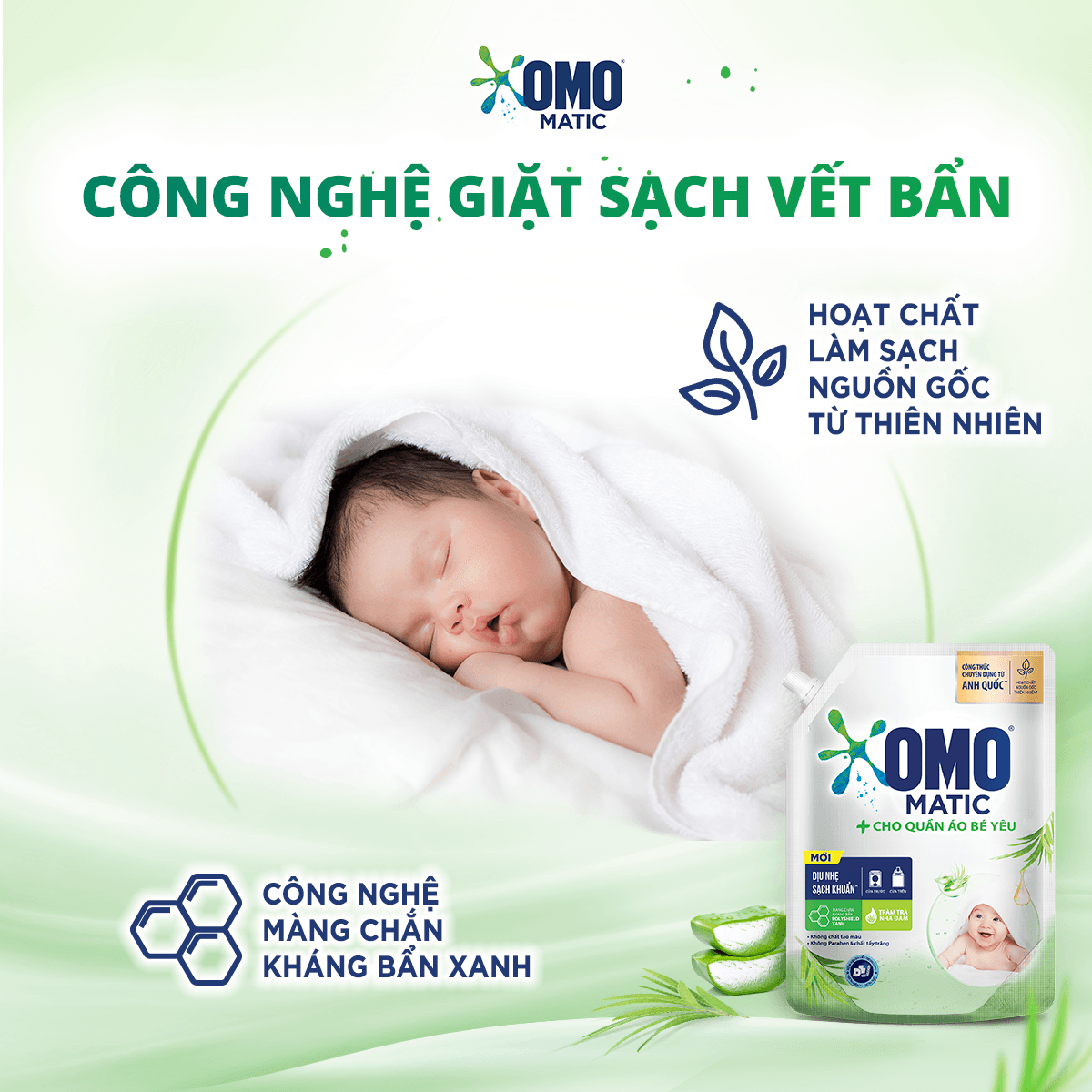 TúI Nước Giặt Omo Matic Cho Quần Áo Bé Yêu Chiết Xuất Tràm Trà Và Nha Đam Dịu Nhẹ, Sạch Khuẩn 2.8Kg