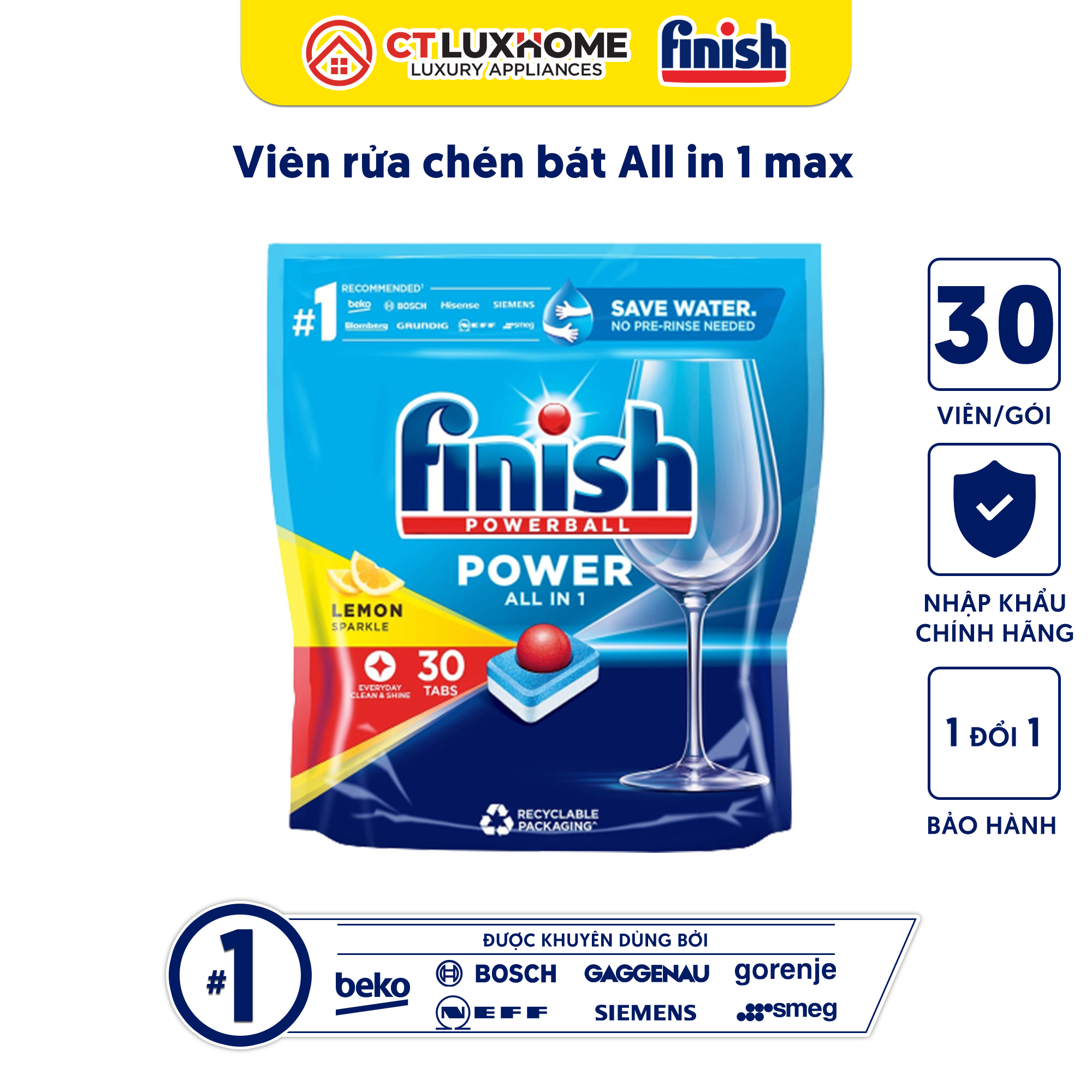 Viên rửa chén bát Finish All in one max 30 viên hương chanh