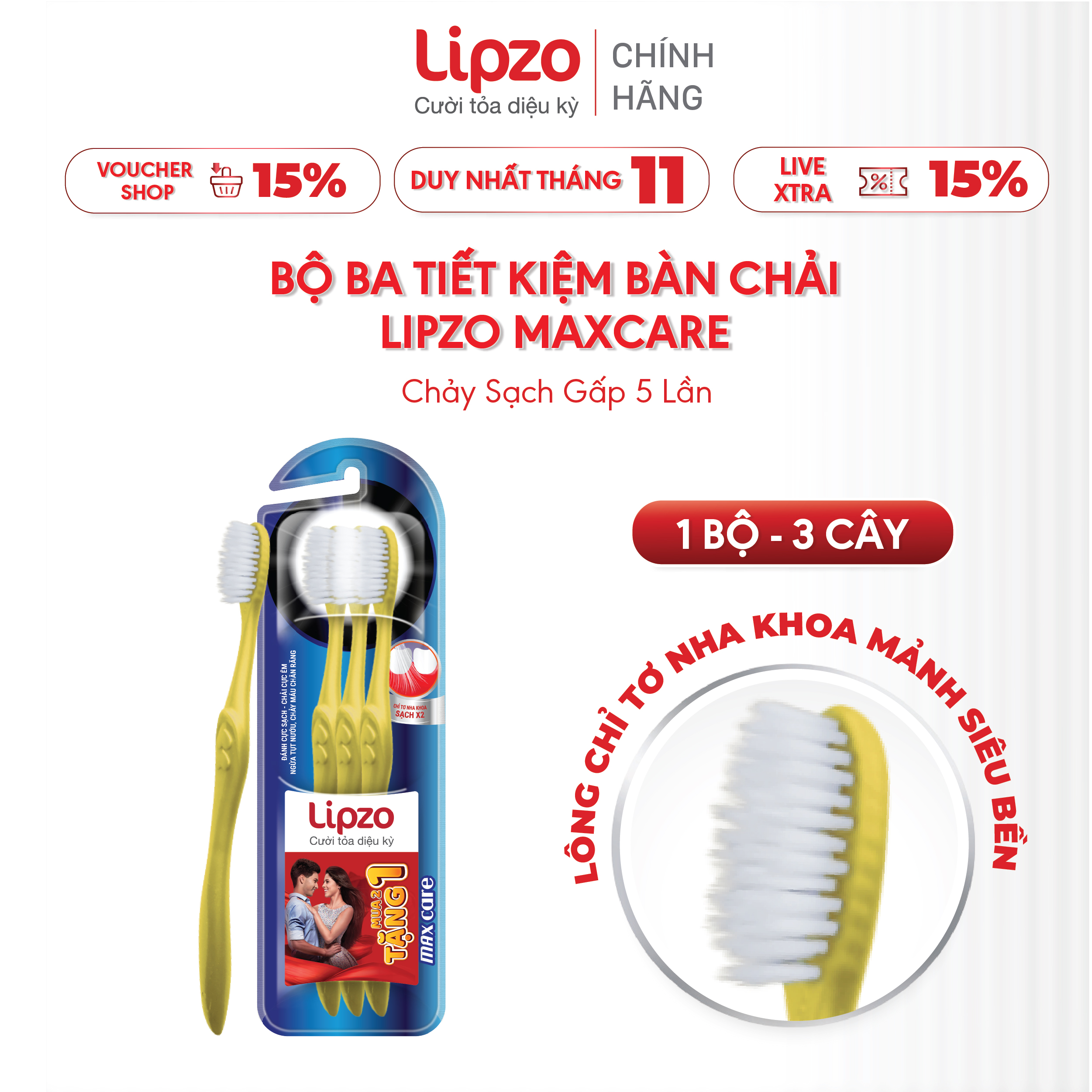 Bộ Ba Tiết Kiệm Bàn Chải Đánh Răng Lipzo Maxcare Cho Người Lớn Công Nghệ Lông Chỉ Tơ Nha Khoa Mảnh Siêu Bền