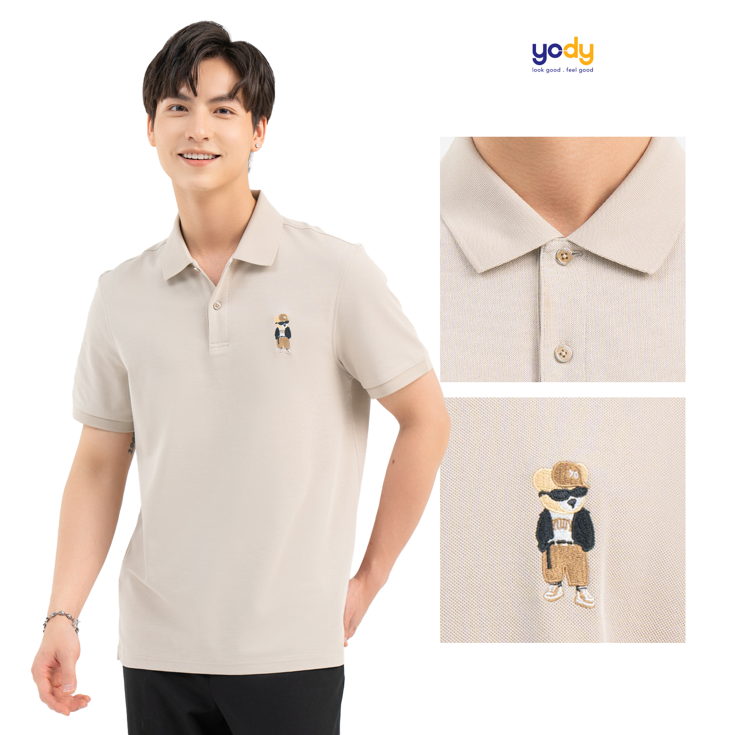 Áo polo nam YODY vải sorona form oversize thêu gấu APM6297