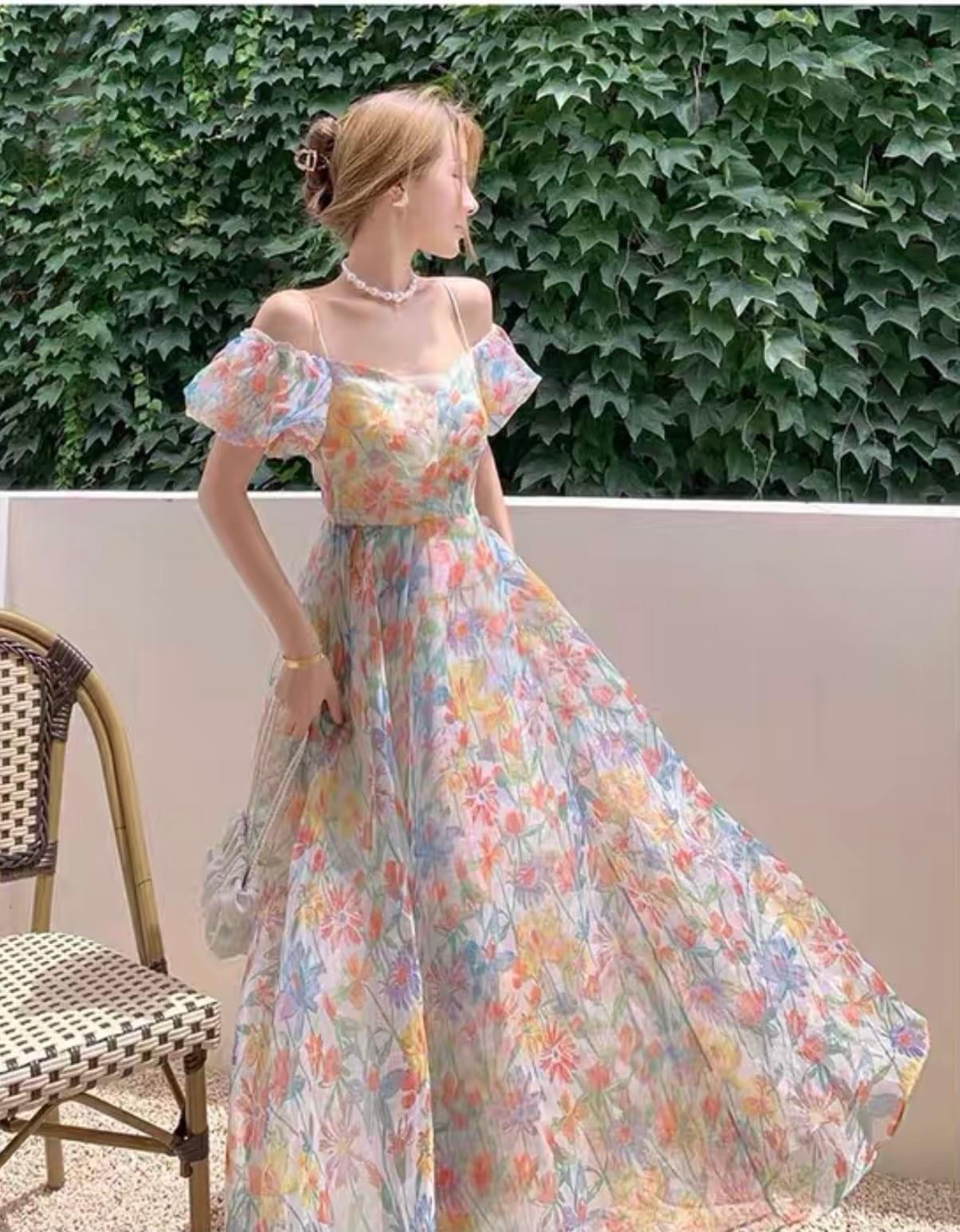 ĐẦM DÀI HOA MAXI ĐI BIỂN CỔ U DÂY LƯNG SUÔNG XÒE MIDI FLORAL DẠO PHỐ DỰ TIỆC