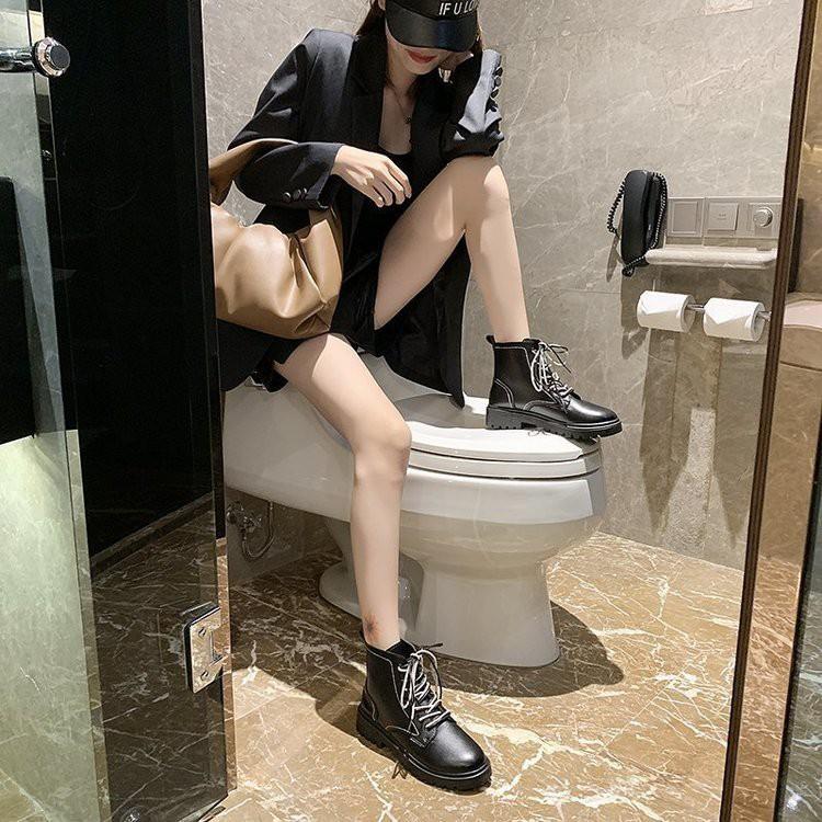 Giày Bốt Giày cao gót đế tròn cổ ngắn phía trước mũi giày thời trang phong cách Hàn Quốc Giày Martin