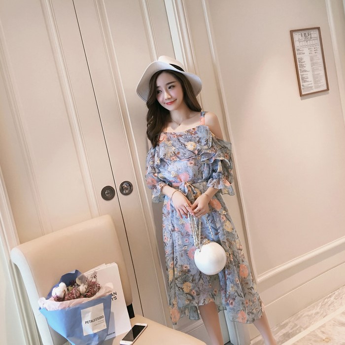 Đầm váy nữ thời trang Đũi Việt, đầm chất Chiffon hoạ tiết hoa thiết kế trễ vai quyến rũ DV102