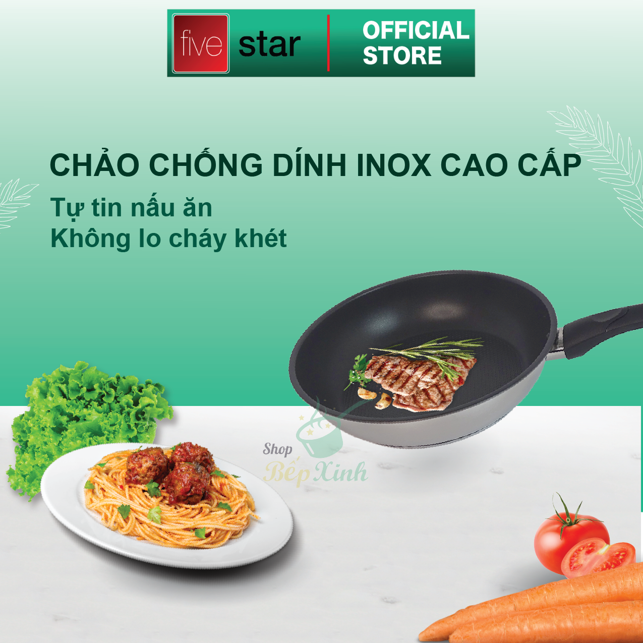Chảo chống dính Fivestar và nắp kính tặng 5 muỗng