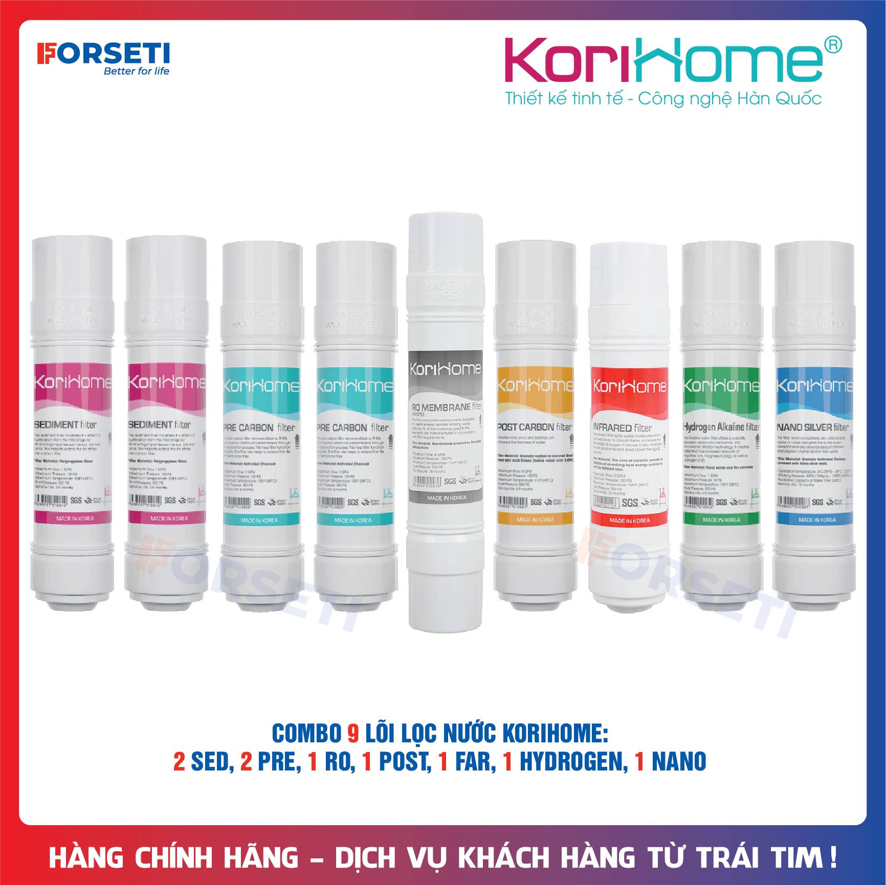 Combo 9 lõi lọc nước Korihome chính hãng cho máy lọc nước Korihome WPK-915, WPK-910 nhập khẩu Hàn Quốc