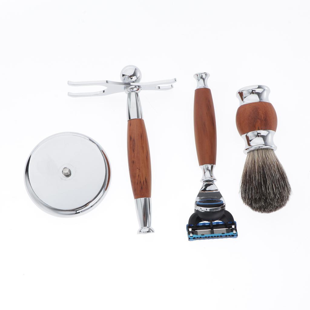 Zinc Alloy + Wood Mens Shaving Kit Gift Set W/5 Layer Blade Razors Brush & Stand Holder