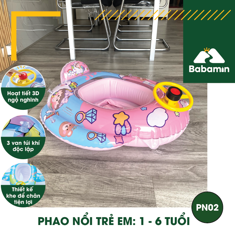 Phao Bơi Chống Lật Cho Bé Từ 1,2,3,4,5,6 Tuổi - Bơm Hơi, Thiết Kế 3D Cute - Babamin - PN02