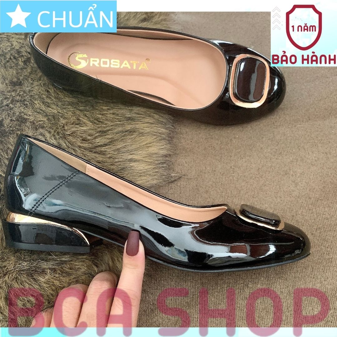 Giày công sở nữ 2p RO523 ROSATA tại BCASHOP mũi tròn có đính nơ vuông viền kim loại vàng sang trọng và thời trang -  đen