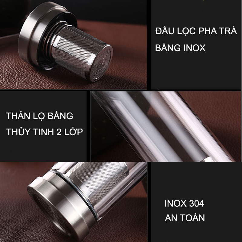 BÌNH GIỮ NHIỆT 2 ĐẦU KIÊM LỌC PHA TRÀ BẰNG THỦY TINH 2 LỚP VÀ INOX CAO CẤP - 300ML
