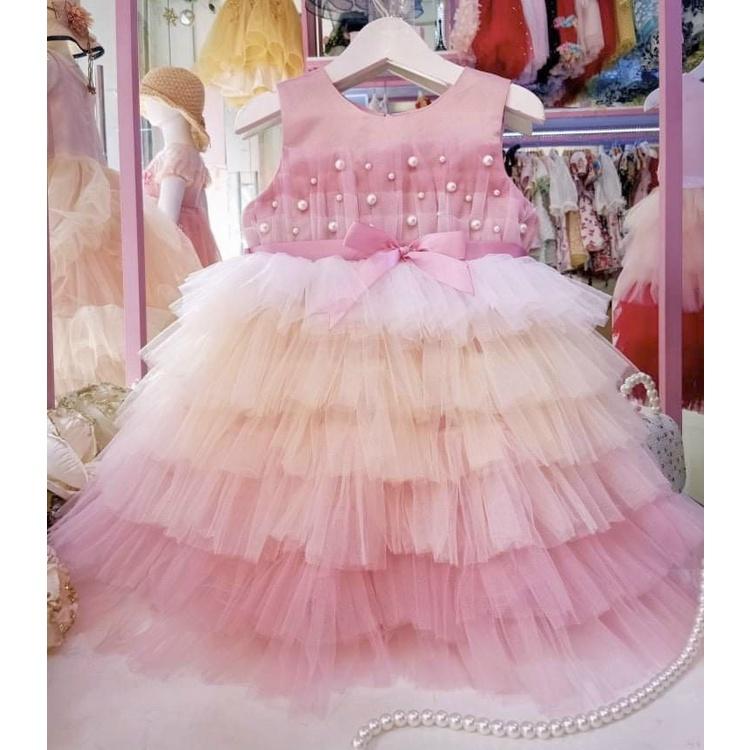 Váy công chúa bé gái 2-7 tuổi sát nách phối ren nhiều tầng kèm bờm, Đầm dự tiệc cho bé cao cấp điệu đà đáng yêu