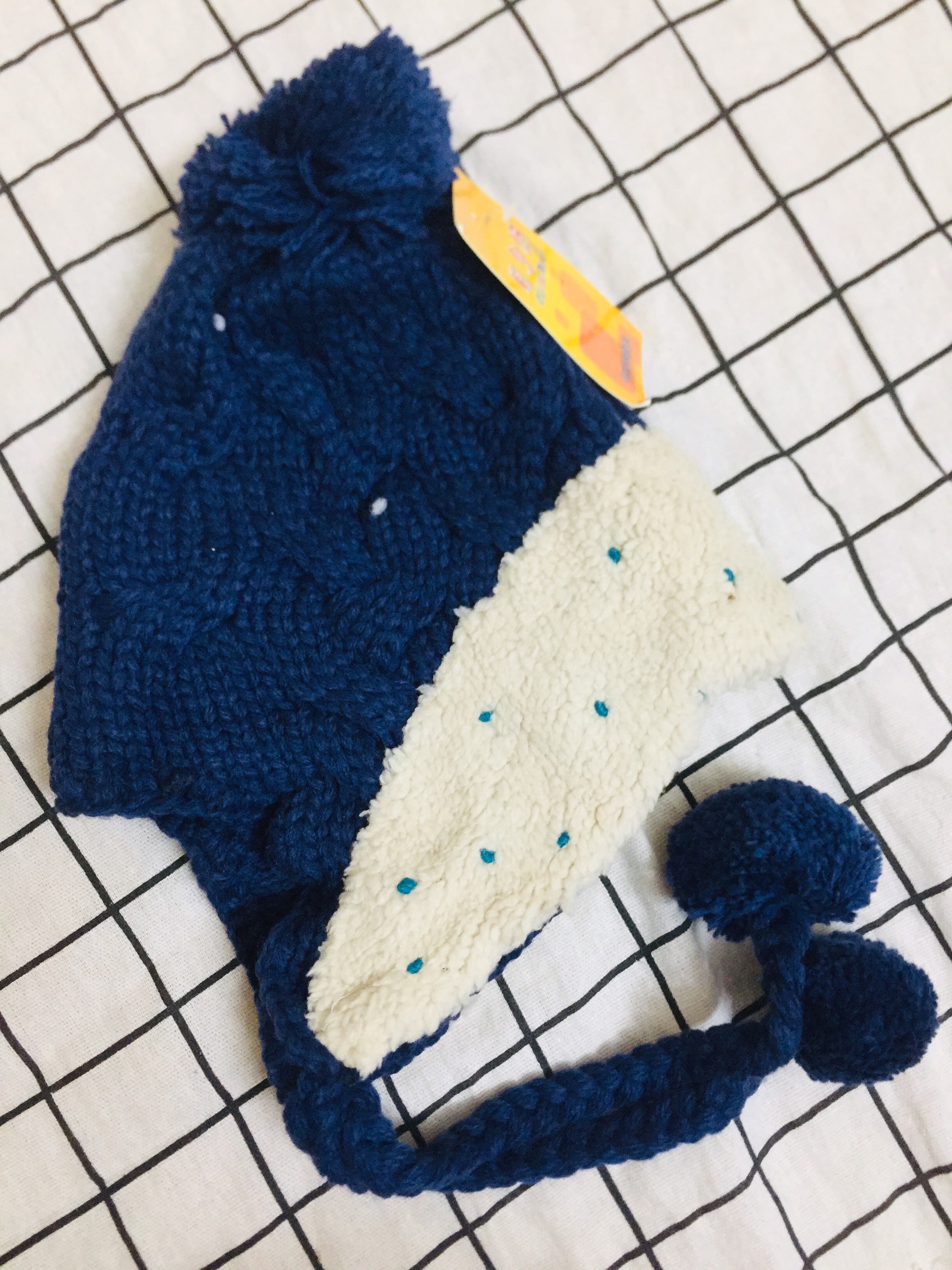 Mũ len lót lông quả bông xanh lam cho bé 8 tháng - 2 tuổi