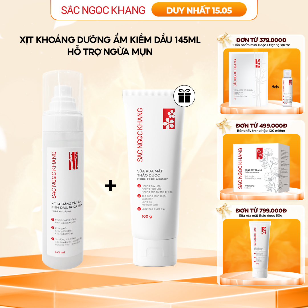 Xịt Khoáng Cấp Ẩm Kiềm Dầu Hạn Chế Mụn Sắc Ngọc Khang 145ml