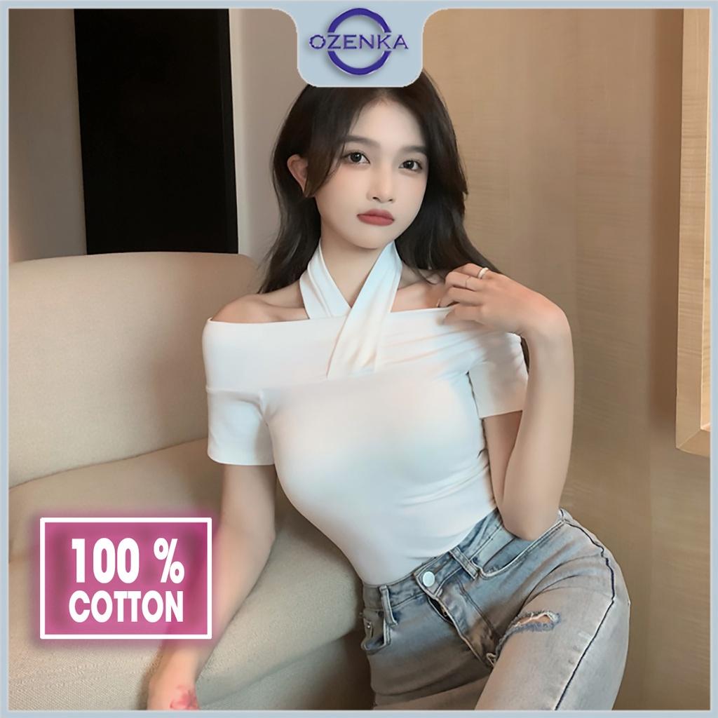 Áo croptop trễ vai tay ngắn ôm nữ Ozenka , áo crt kiểu cổ v thun cotton màu đen trắng dưới 55 cân