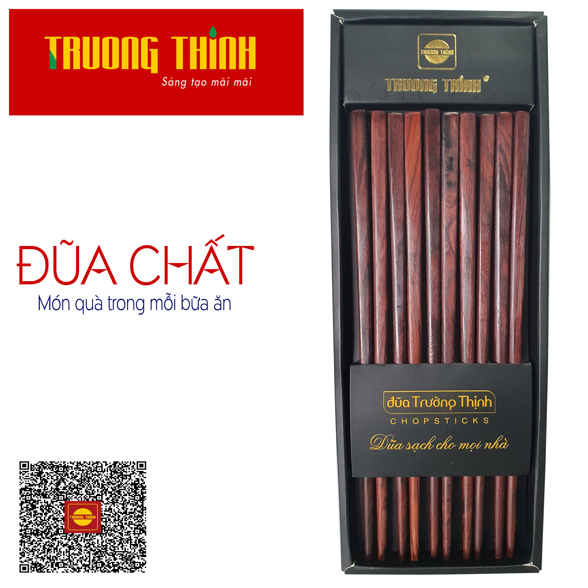 Đũa Gỗ Trắc Vân Cao Cấp Trường Thịnh Loại Đặc Biệt/ Hộp Màu Đen/ 10 Đôi Vuông Trơn