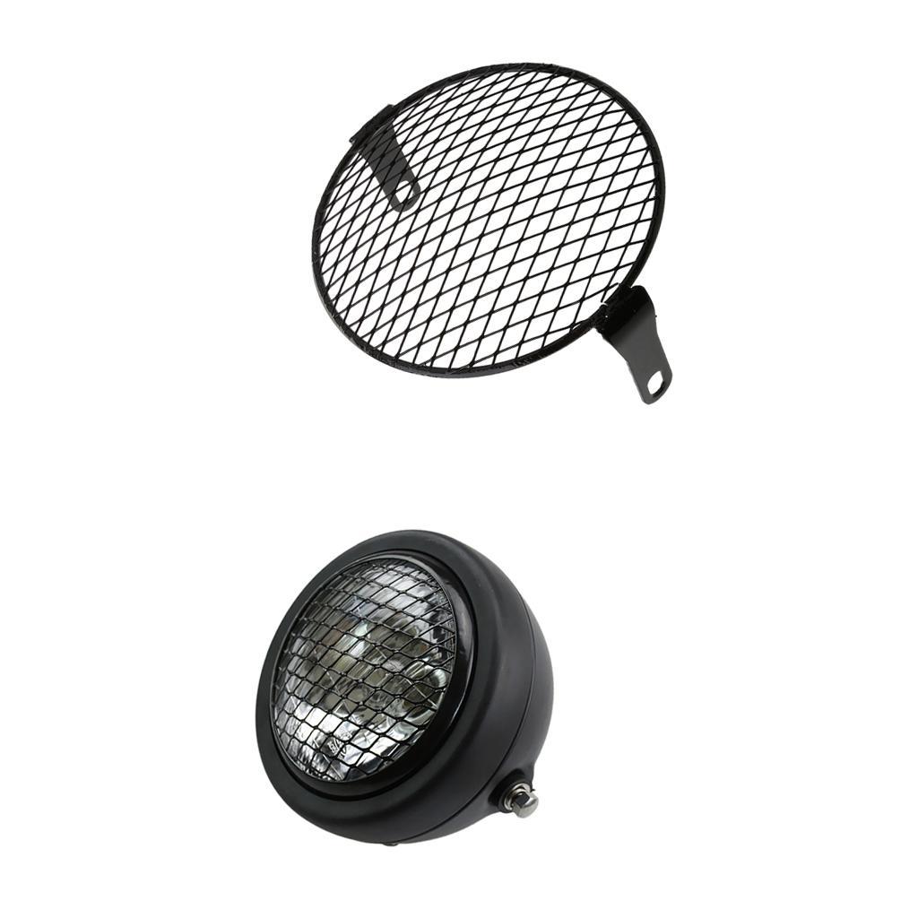 Black Metal Motorcycle Retro Headlight Head Lamp Light With Grill Cover