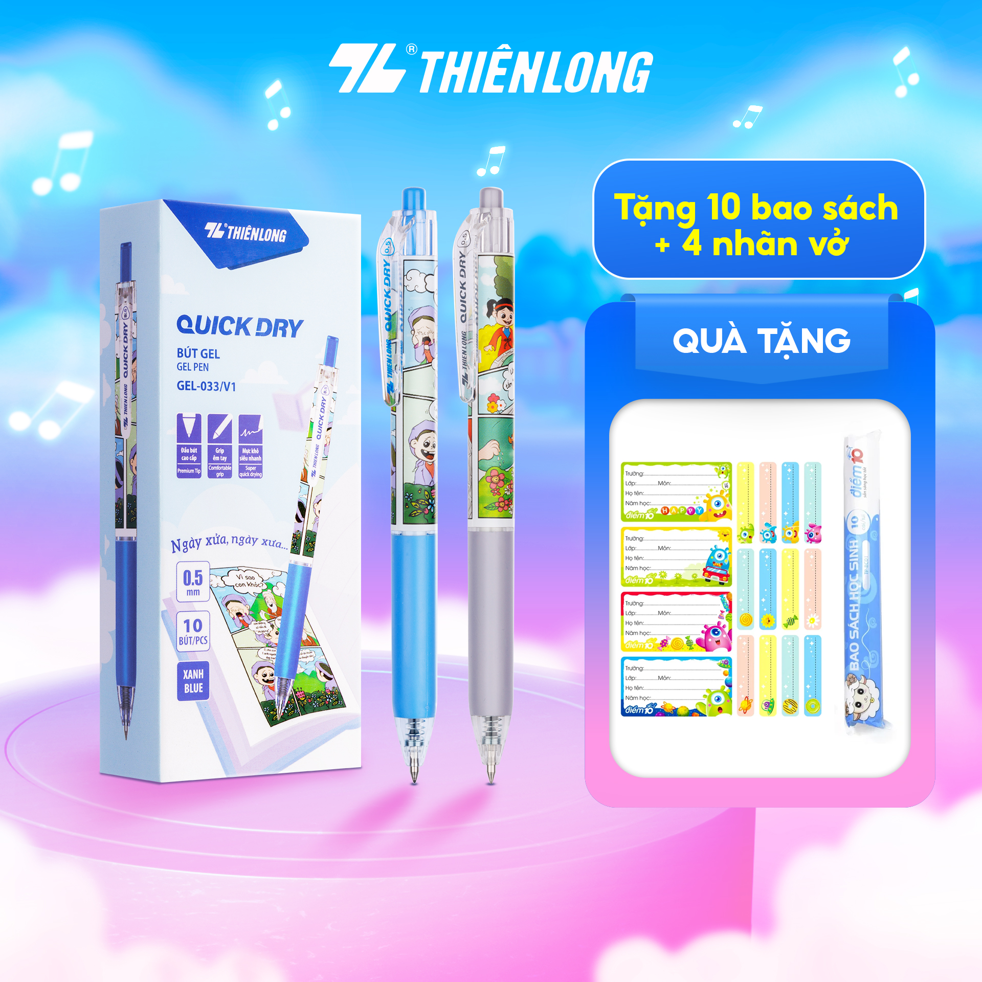 Combo 20 Bút gel Quick Dry Thiên Long Gel-033/V1 - Mực khô siêu nhanh - Họa tiết thời trang