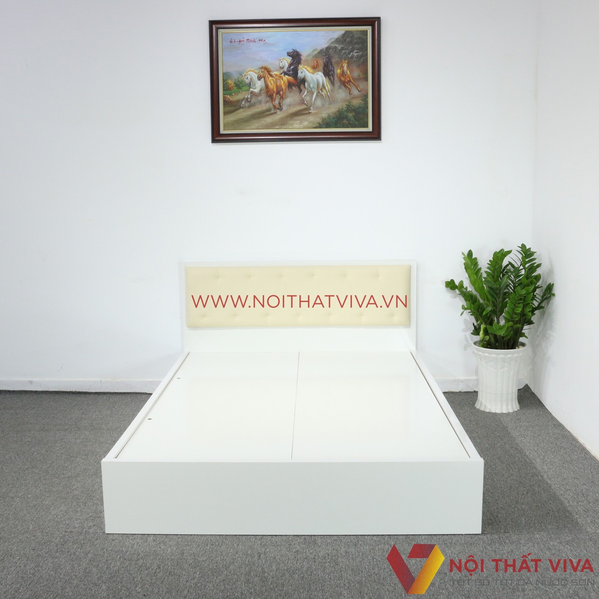 Giường Ngủ MDF Melamine Màu Trắng Có Đầu Nệm Kem Đẹp Giá Rẻ