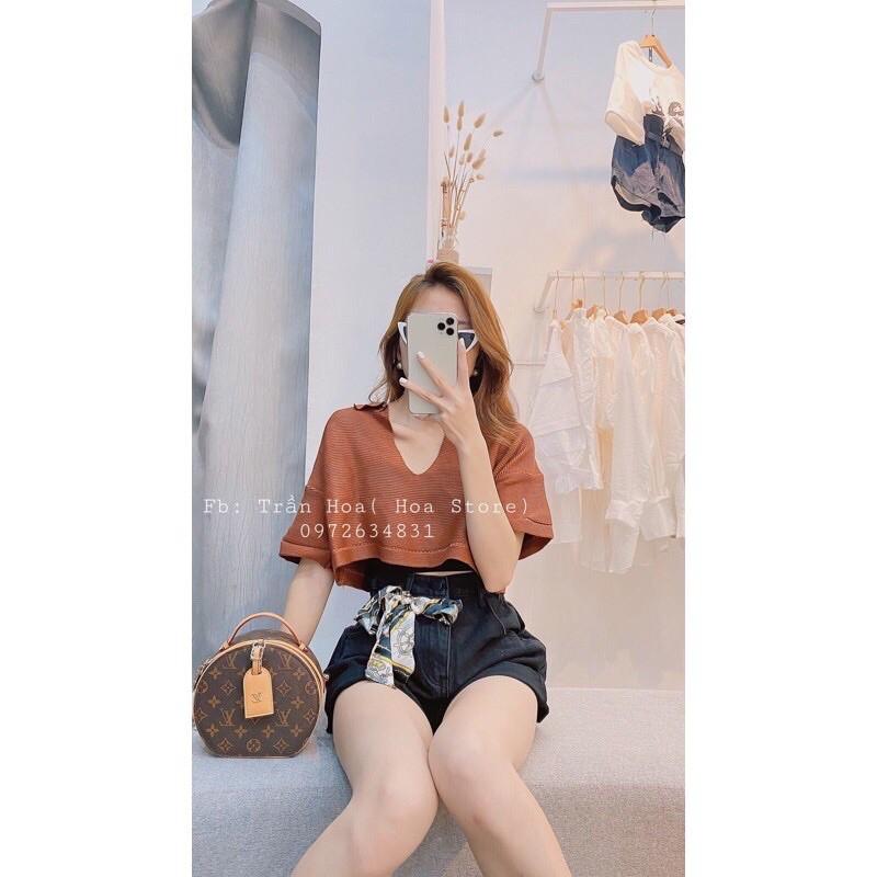 Áo len croptop cổ V tay ngắn
