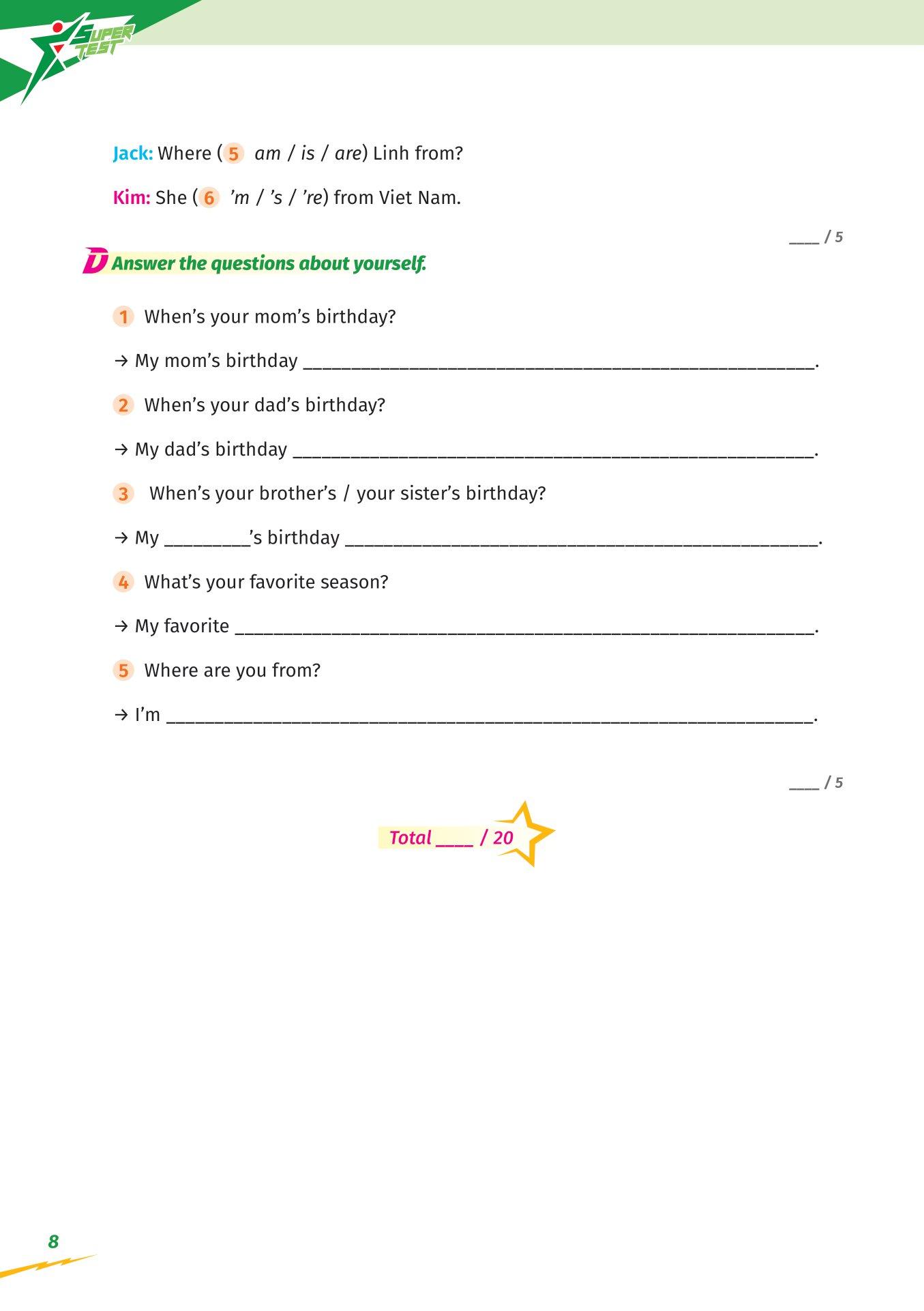 Super Test - Đề Kiểm Tra Nhanh Tiếng Anh Cho Học Sinh Lớp 4