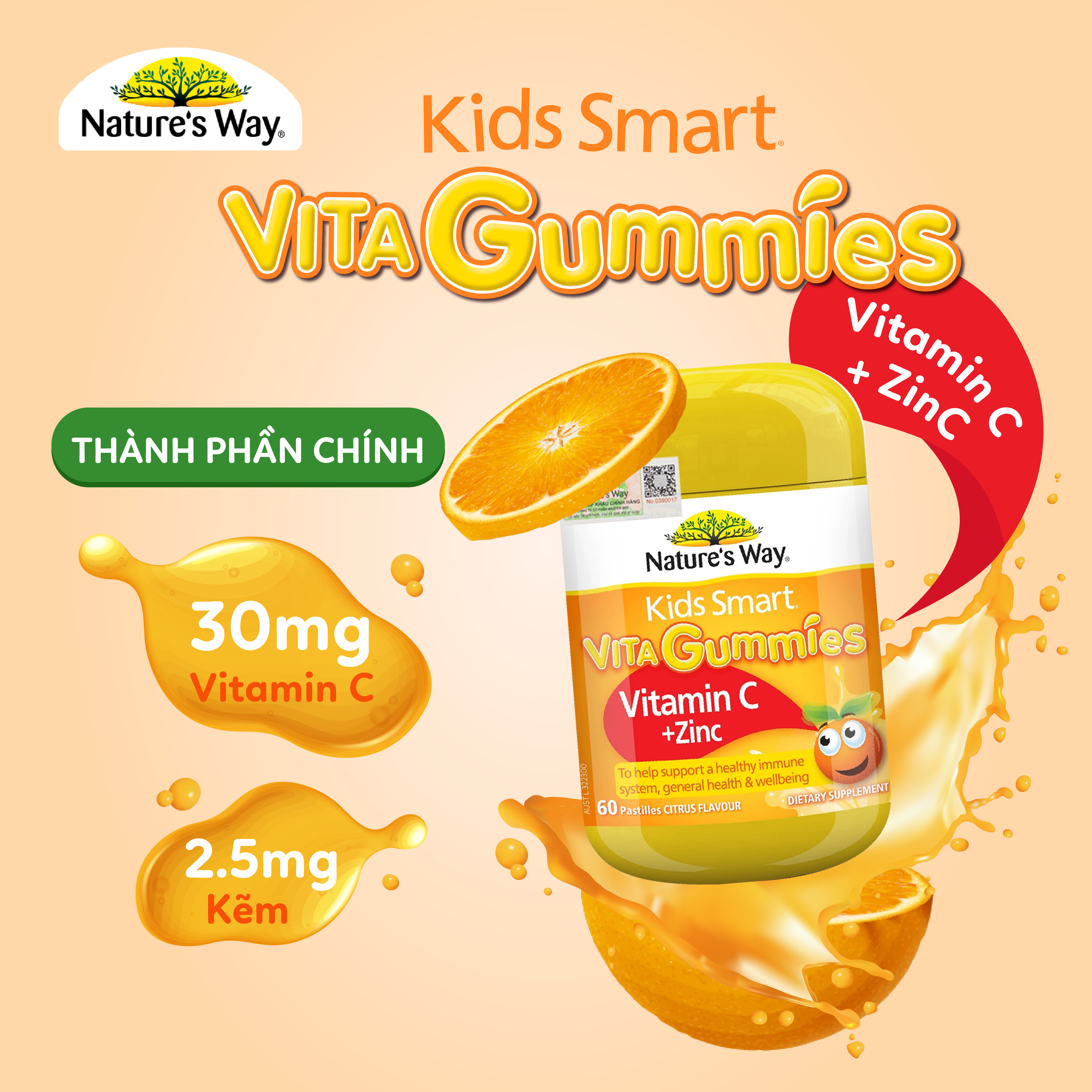 Kẹo Dẻo Vi Chất Nature's Way Kids Smart Vita Gummies Vitamin C+ZinC – Bổ sung kẽm và vitamin C tăng sức đề kháng cho trẻ