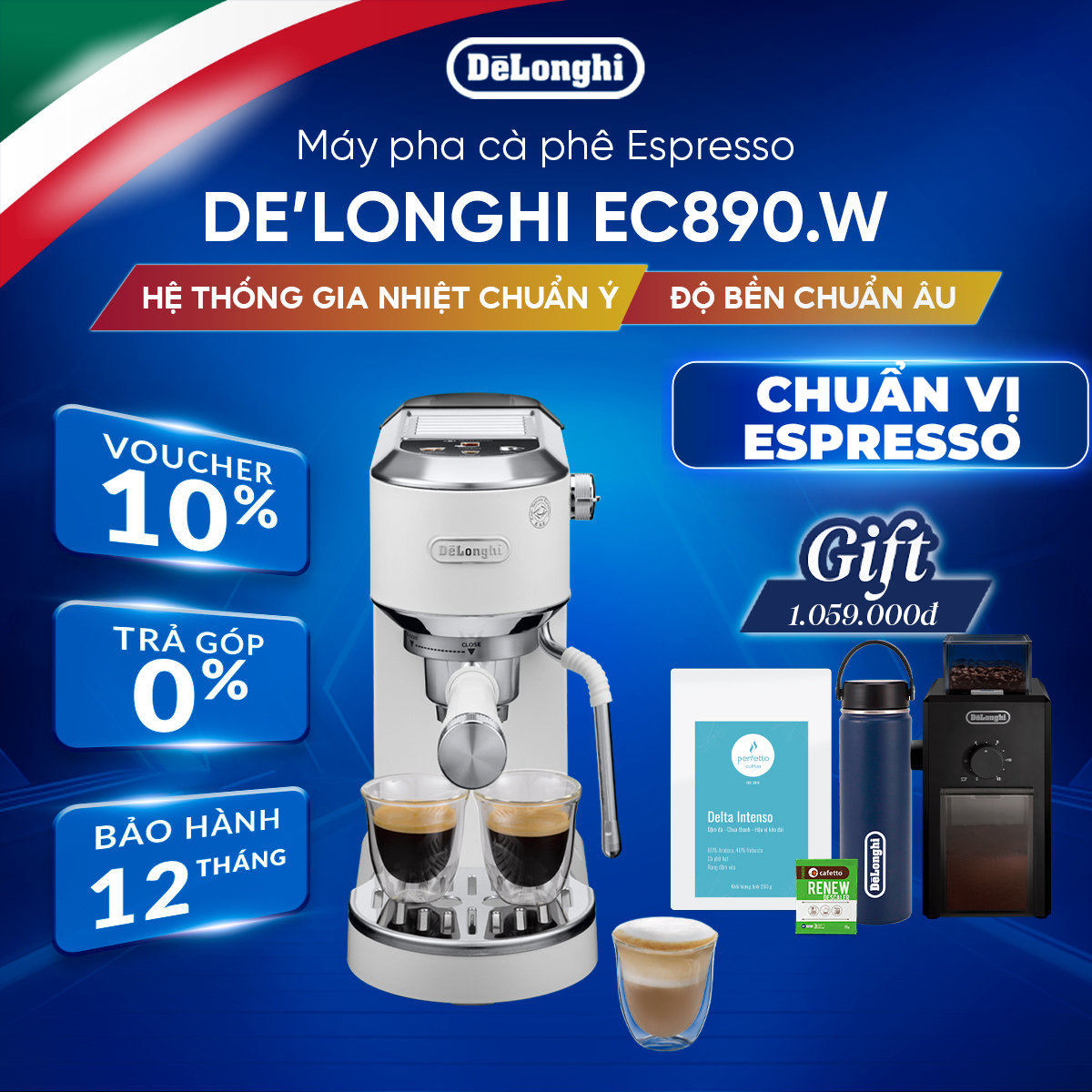 Máy pha cà phê espresso DeLonghi Dedica Duo EC890.WI - Hàng Chính Hãng