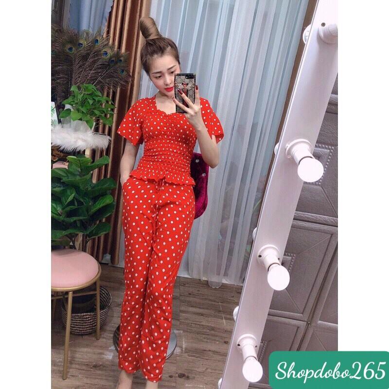 Đồ bộ nữ mặc nhà vải lụa chấm bi tay loe dây rút size 40-57kg.