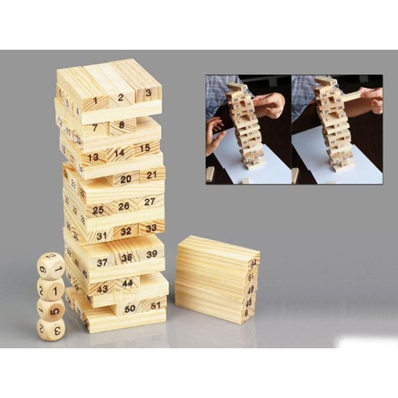 Bộ đồ chơi rút gỗ, đồ chơi gỗ thông minh, trò chơi rút gỗ Wiss Toy 54 thanh gỗ tự nhiên, game rút gỗ kèm 4 xúc xắc – Tặng Kèm Móc Khóa 4Tech.