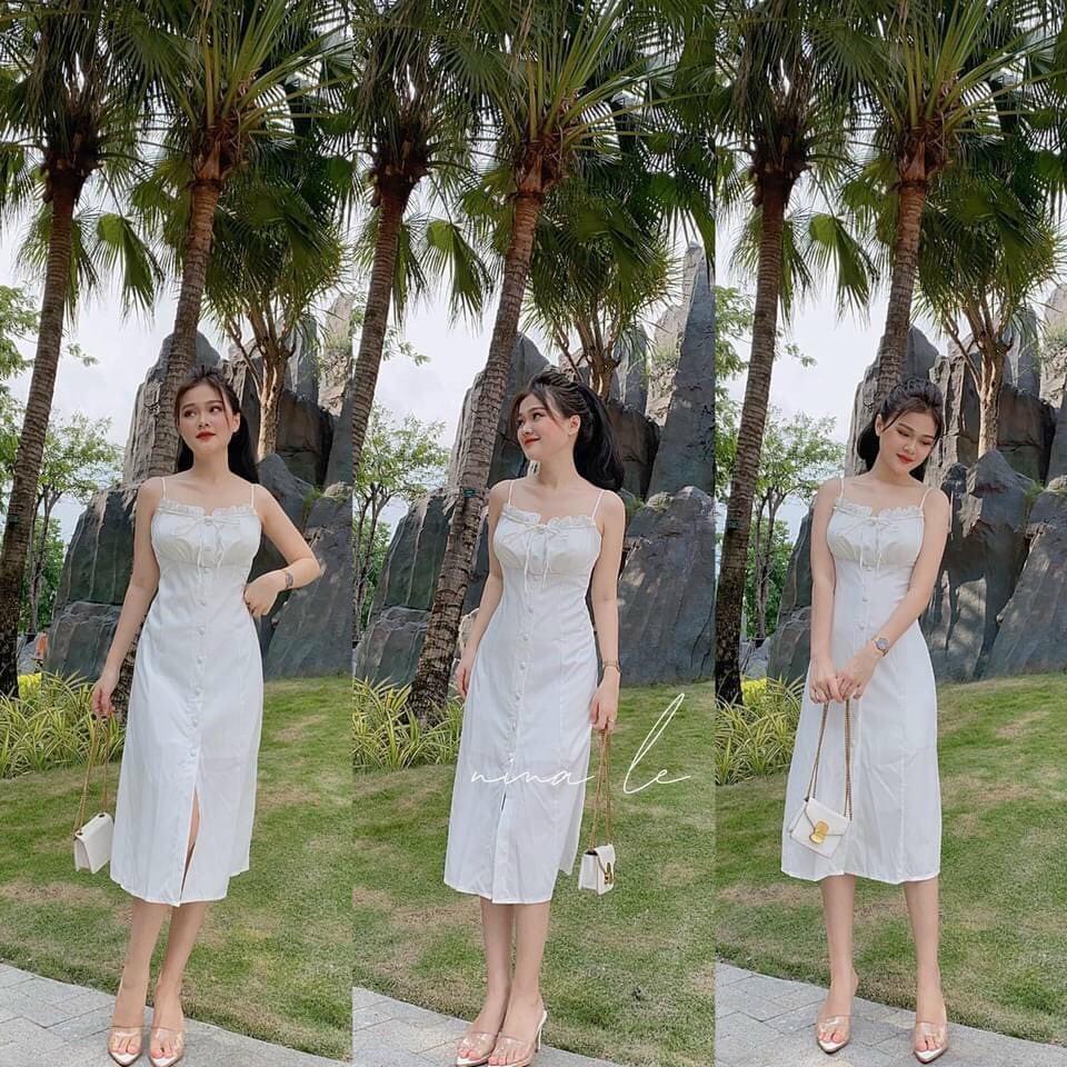 Váy Xòe Nữ 2 Dây Cài Nút Hở Lưng
