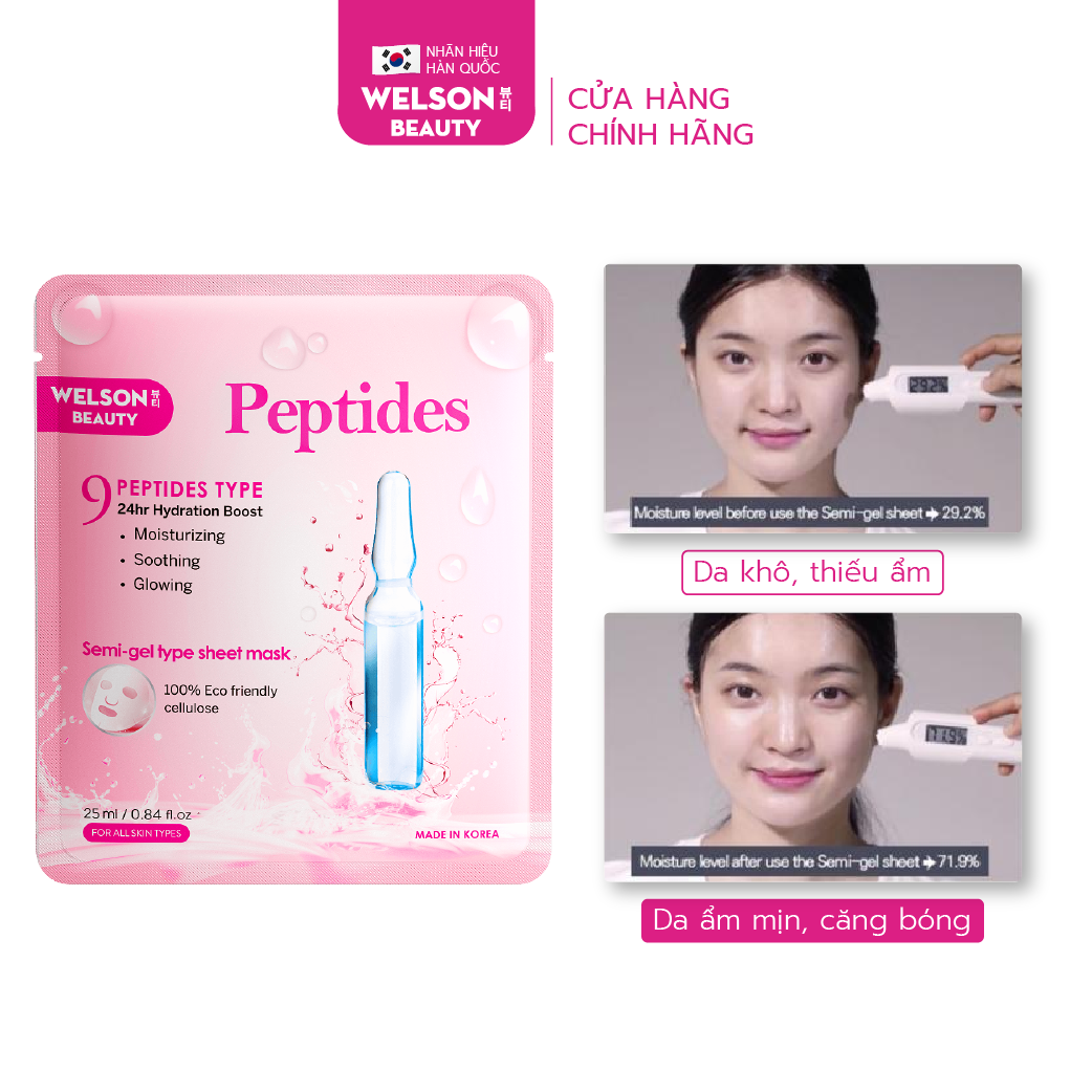 [H&B GIFTS] Hộp 5 miếng mặt nạ Peptides Welson Beauty dưỡng ẩm căng bóng da 5 miếng x 25ml