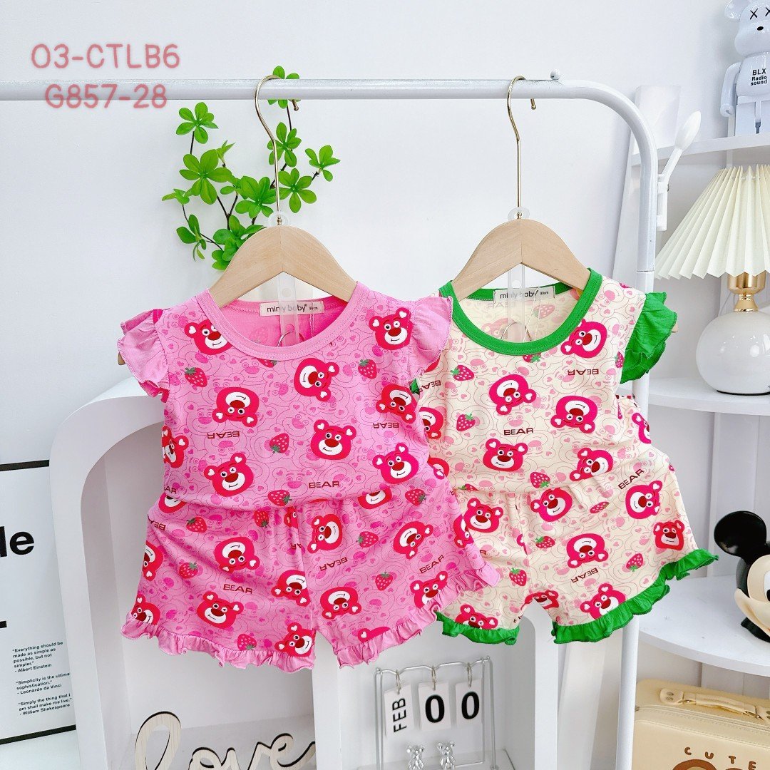 Đồ bộ bé gái, bộ cộc tay mùa hè cho bé gái hình Gấu dâu size 5-16kg chất cotton mềm mịn mát