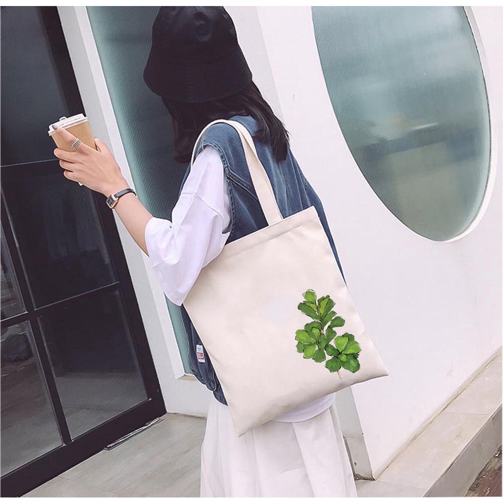 Túi tote canvas vải mộc Ginko có dây kéo khóa miệng túi đựng vừa laptop 14 inch và nhiều đồ dùng khác in hình cây lá M55-M56