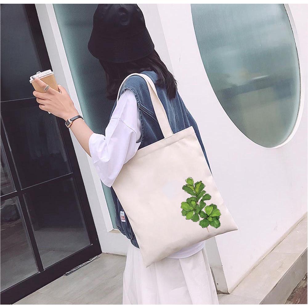 Túi tote canvas vải mộc Ginko có dây kéo khóa miệng túi( có túi con bên trong) đựng vừa laptop 14 inch và nhiều đồ dùng khác in hình cây lá M55-M56