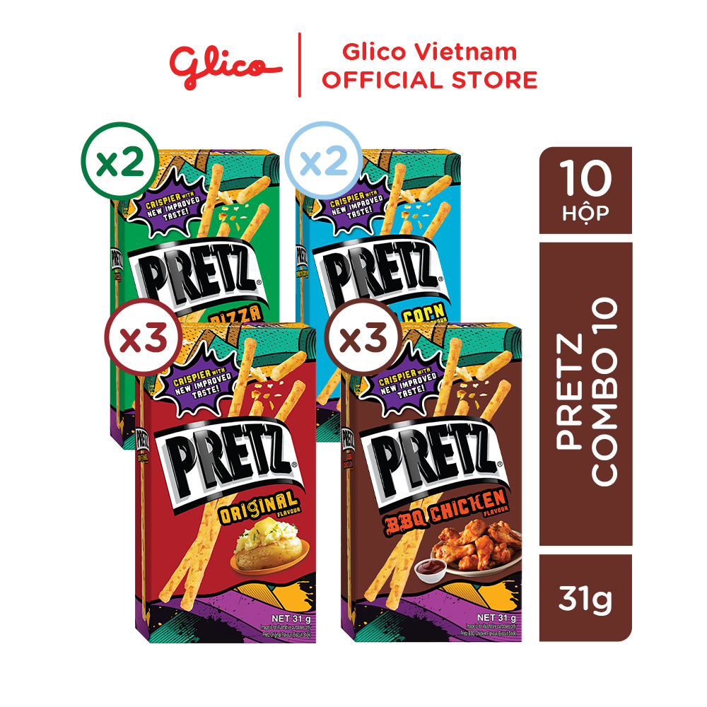 Bánh que nướng giòn 4 vị GLICO Pretz (Combo 10 hộp - 3 khoai tây 3 BBQ Gà 2 Pizza 2 Bắp)