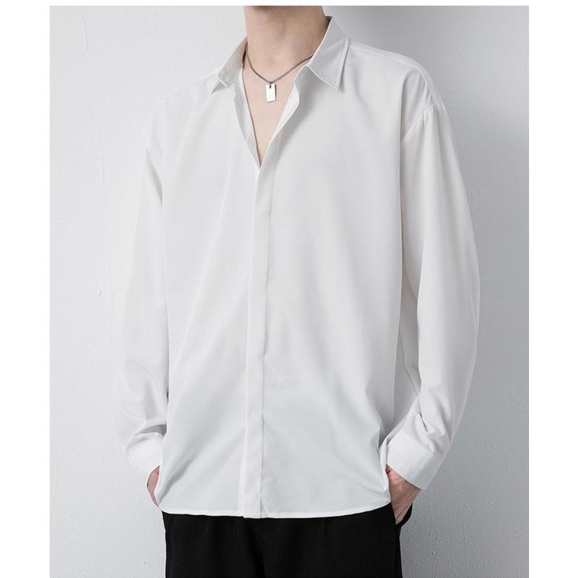 Áo sơ mi nam che nút tay dài vải cotton lụa mềm mượt mặc mát sơ mi Unisex fom rộng nam nữ mẫu mới ẩn nút tay dài mã 26
