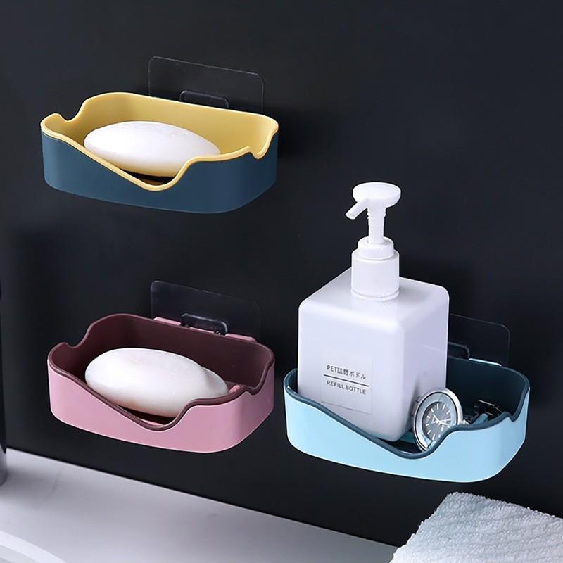 Khay Kệ Dán Tường Để Xà Phòng - Hộp Đựng Xà Bông Gắn Tường 2 Lớp Có Rãnh Thoát Nước