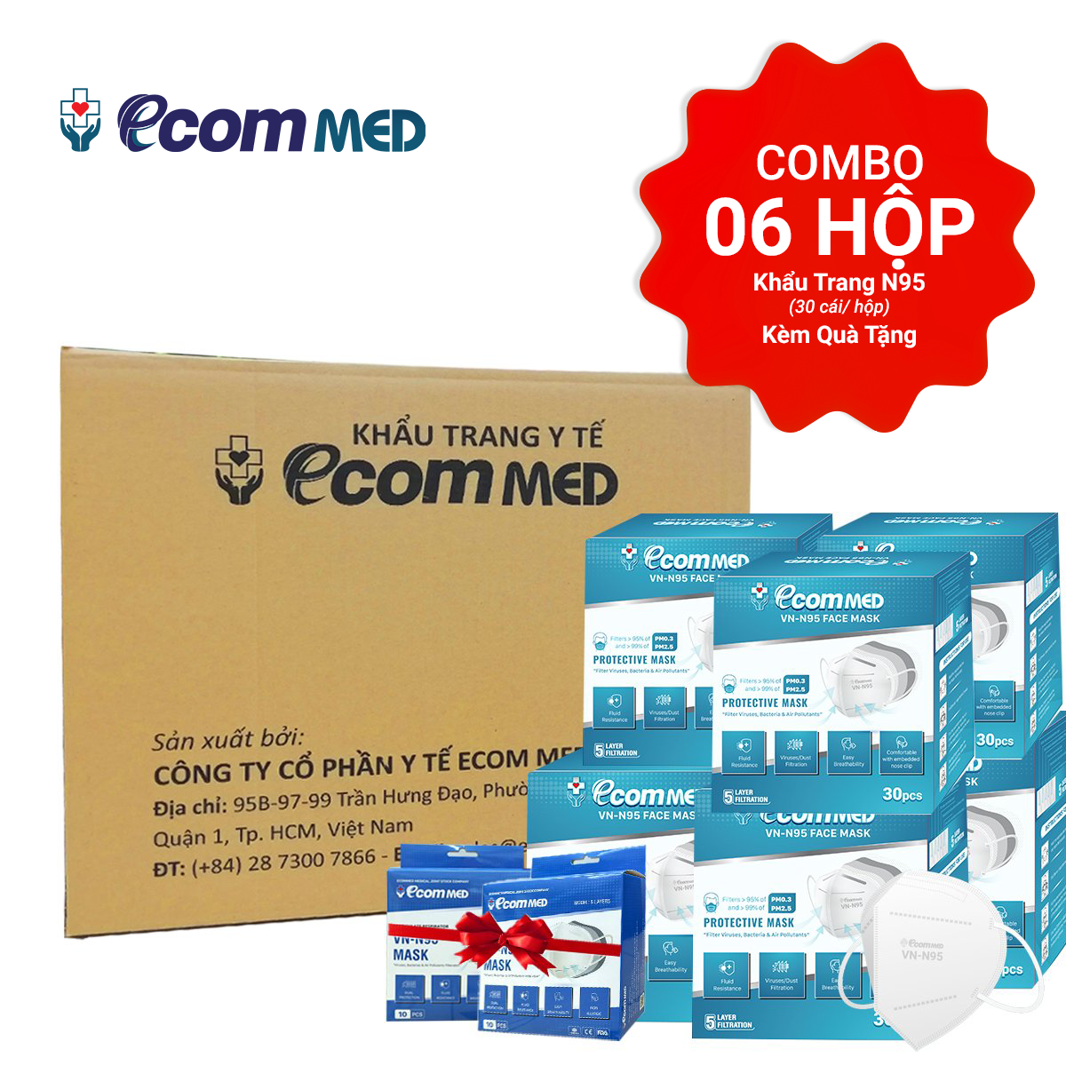 Combo 6 Hộp Khẩu Trang N95 EcomMed (Hộp 30 cái) - Tặng thêm 2 hộp 10 cái - Đạt chuẩn FDA