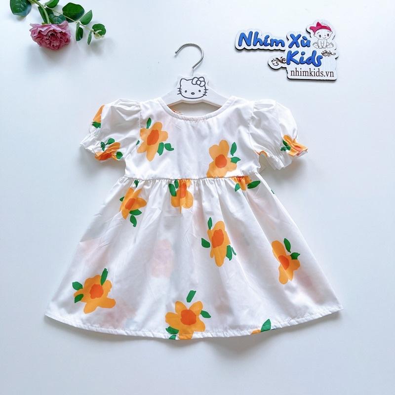 Váy Hoa Cam Tay Ngắn Cho Bé Gái 4 Đến 28kg Chất Thô Hoa Mềm Mát