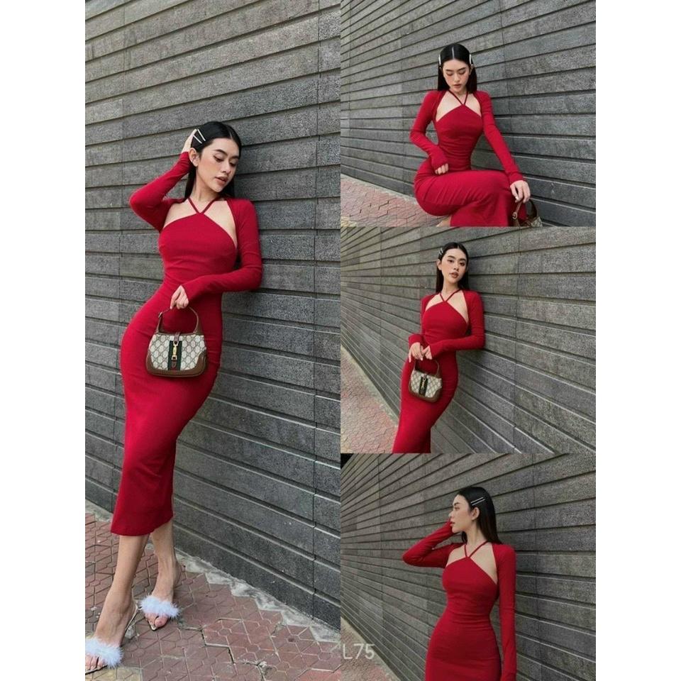 Đầm Body Dài Cổ Yếm Kèm Áo Khoác Tay Dài D065