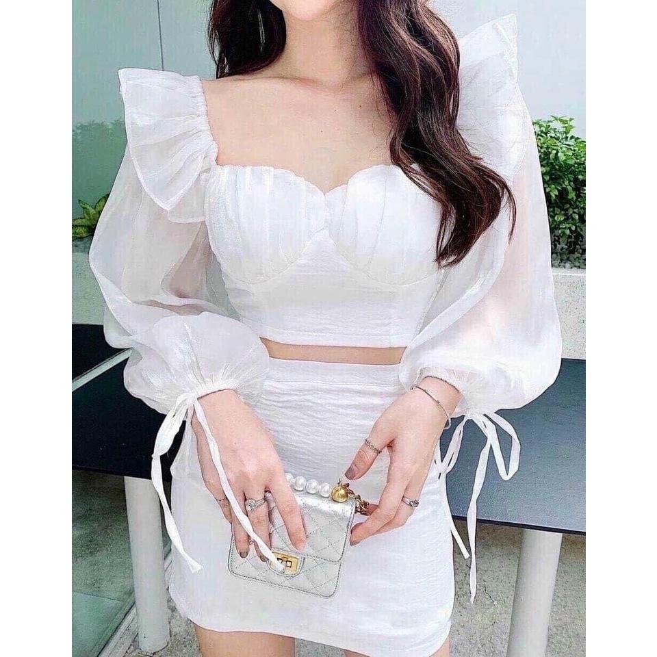 Sét Đồ Bộ Nữ Đũi Nhăn Áo Tay Phối Voan Tơ & Chân Váy