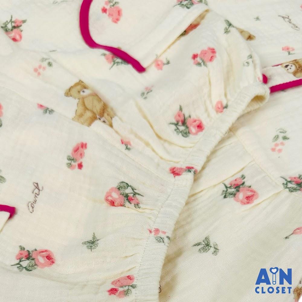 Bộ quần áo Dài tay ngắn bé gái họa tiết Gấu Viền Hồng Xô muslin - AICDBG0A1OZ2 - AIN Closet