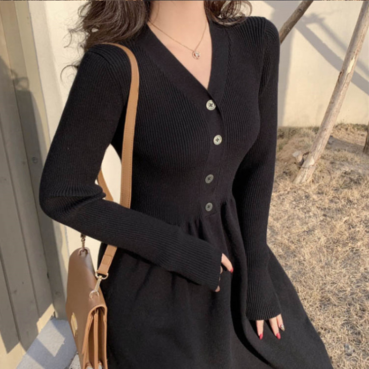 Váy body nữ trơn Quảng Châu thiết kế dài tay cổ V dáng dài siêu xinh, Đầm nữ dự tiệc chất len co dãn đẹp ARCTIC HUNTER