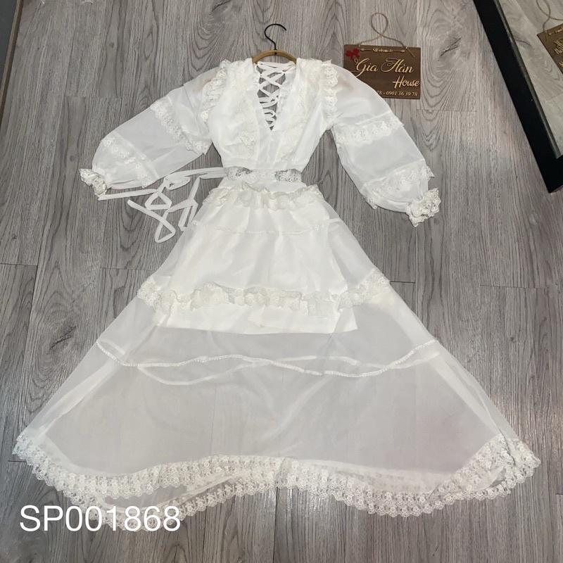 VÁY MAXI VOAN LỤA ĐAN LƯNG XOÈ TRẮNG PHỐI REN- ảnh thật toàn bộ